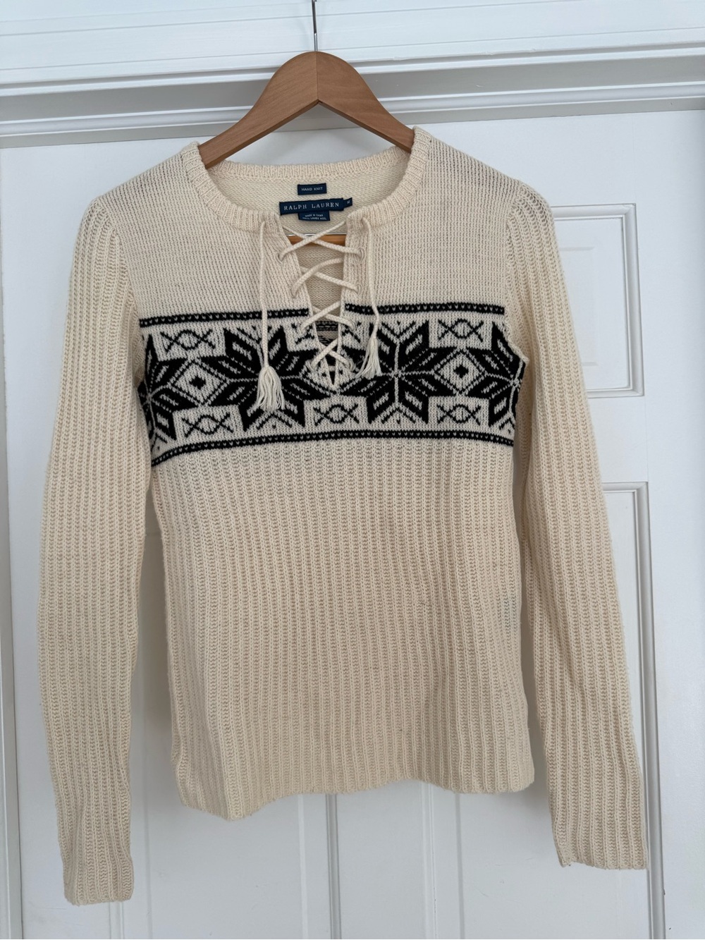Ralph Lauren Cream Lace-Up Fair Isle Crew Sweater